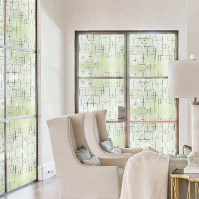 Frosted glue-free window film with a modern geometric pattern of intersecting lines, providing privacy and diffusing light. - Image 3