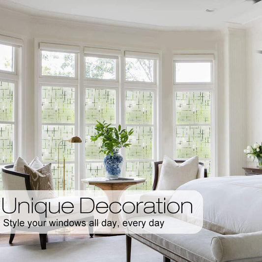 Frosted glue-free window film with a modern geometric pattern of intersecting lines, providing privacy and diffusing light. - Image 2