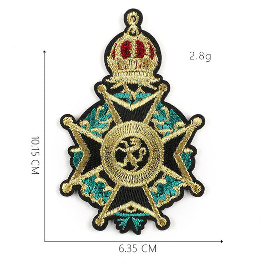 Embroidered gold and red crown patch with blue accents and a cross, measuring 5.1x10.8cm. - Image 18