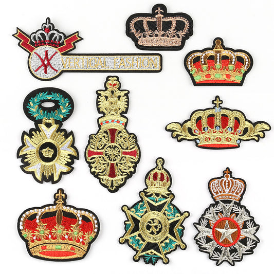 Embroidered gold and red crown patch with blue accents and a cross, measuring 5.1x10.8cm.