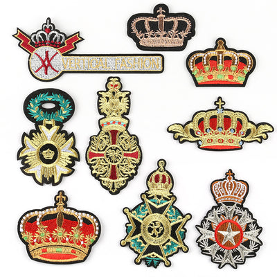 Embroidered gold and red crown patch with blue accents and a cross, measuring 5.1x10.8cm.