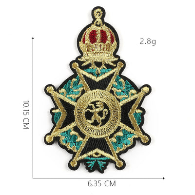Embroidered gold and red crown patch with blue accents and a cross, measuring 5.1x10.8cm. - Image 10