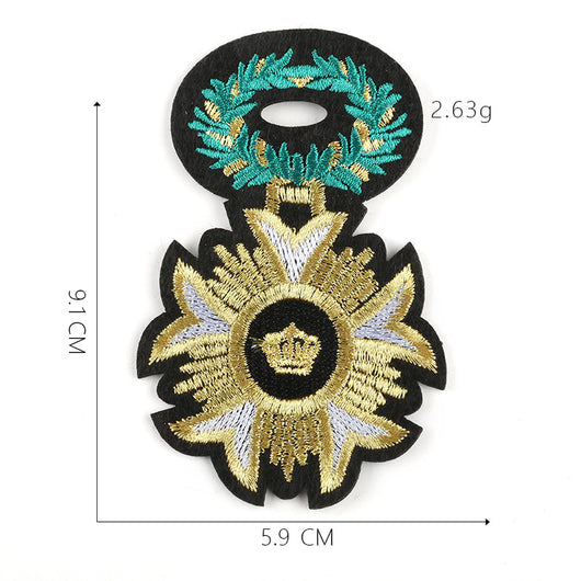 Embroidered gold and red crown patch with blue accents and a cross, measuring 5.1x10.8cm. - Image 7