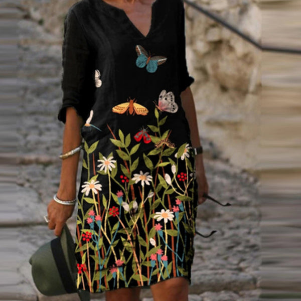 Vestido Vintage con Estampado Retro y Escote en V