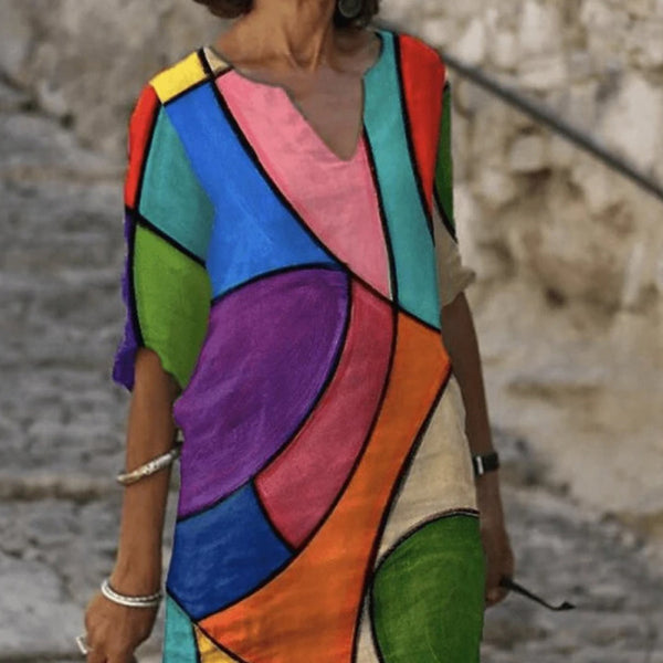Vestido Vintage con Estampado Retro y Escote en V