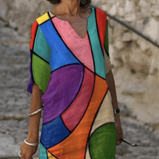 Vestido Vintage con Estampado Retro y Escote en V