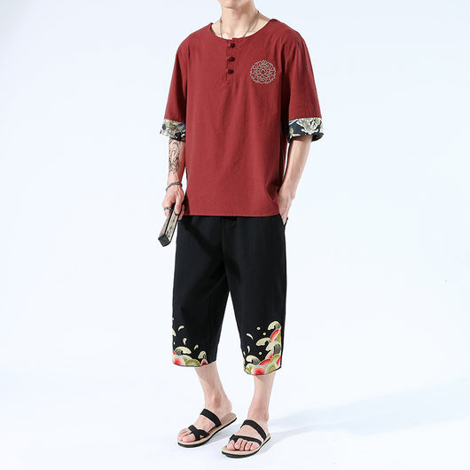 Camiseta Yukata Japonesa de Verano - 6 Colores, Lino Bordado, Estilo Harajuku Unisex - Image 12