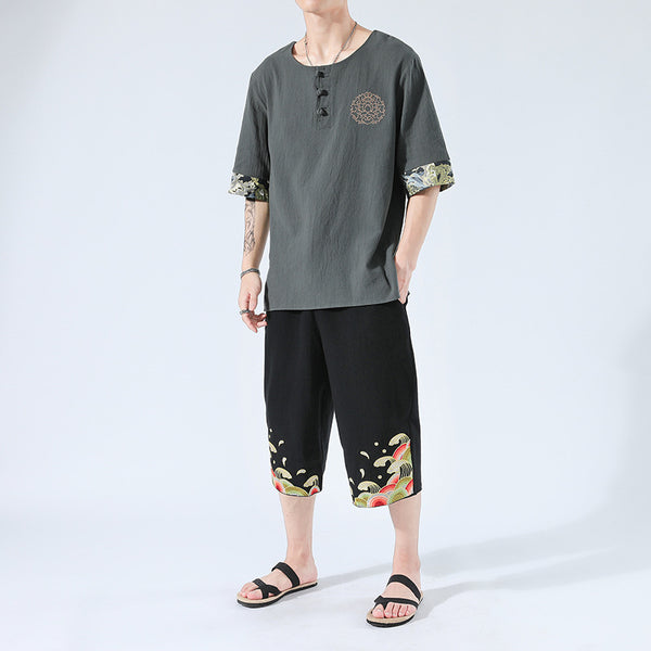 Camiseta Yukata Japonesa de Verano - 6 Colores, Lino Bordado, Estilo Harajuku Unisex