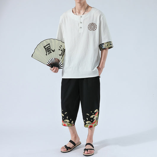 Camiseta Yukata Japonesa de Verano - 6 Colores, Lino Bordado, Estilo Harajuku Unisex - Image 6