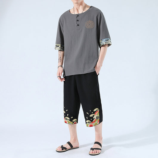 Camiseta Yukata Japonesa de Verano - 6 Colores, Lino Bordado, Estilo Harajuku Unisex - Image 10