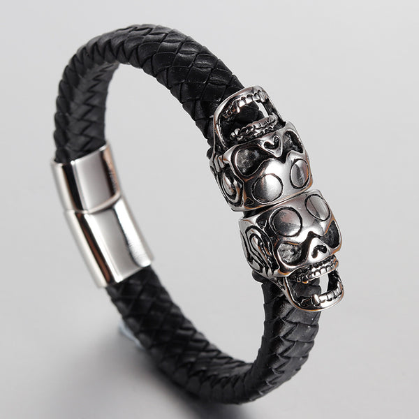 Pulsera de Cuero para Hombre con Calavera Retro