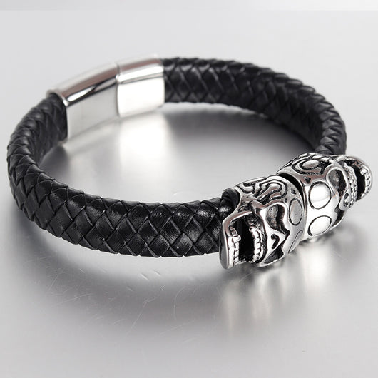 Pulsera de Cuero para Hombre con Calavera Retro - Image 3