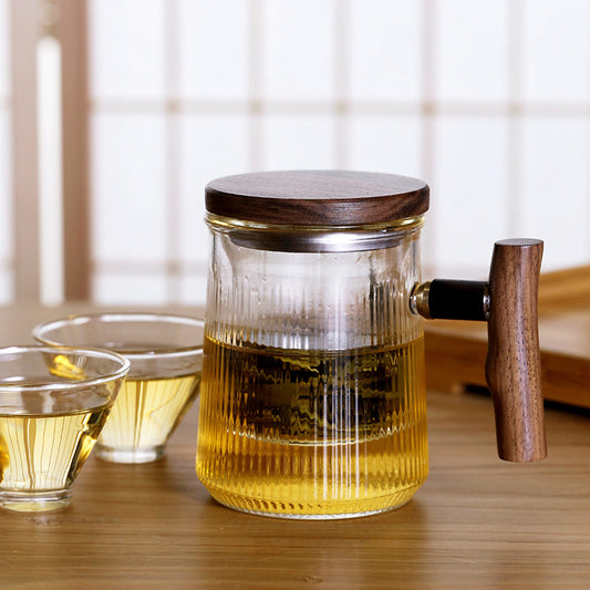 Taza Térmica de Vidrio con Infusor de Té y Asa de Madera