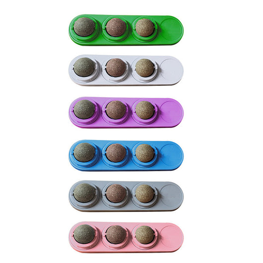 Six colorful catnip ball toys, each with three spinning catnip balls in green, white, purple, blue, grey, and pink bases. - Image 2