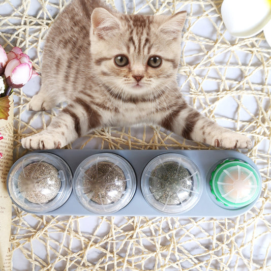 Six colorful catnip ball toys, each with three spinning catnip balls in green, white, purple, blue, grey, and pink bases.