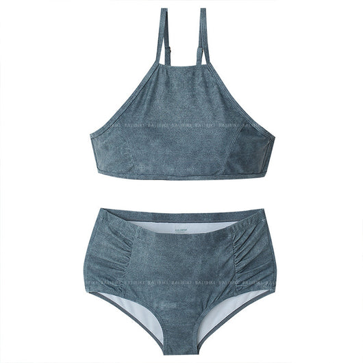 Denim blue two-piece swimsuit with a halter neck bikini top and high-waisted ruched bikini bottoms. - Image 2