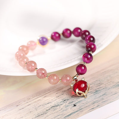 Pulsera de Cristal Bicolor con Cuarzo Fresa, Ojo de Tigre y Amatista - Pareja