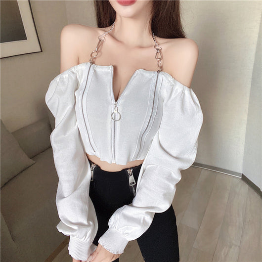 Blusa Tejida de Hombro Descubierto Ajustada para Otoño e Invierno - Image 4