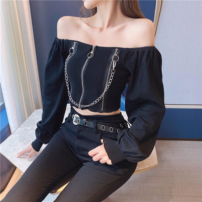 Blusa Tejida de Hombro Descubierto Ajustada para Otoño e Invierno - Image 5