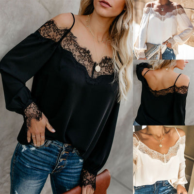 Blusa Elegante de Gasa con Puntilla y Mangas Largas