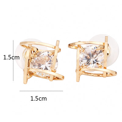 Gold-tone square stud earrings with clear zircon gemstones set in a hollow tic-tac-toe geometric frame. - Image 7