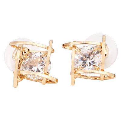 Gold-tone square stud earrings with clear zircon gemstones set in a hollow tic-tac-toe geometric frame. - Image 11