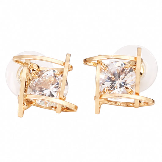 Gold-tone square stud earrings with clear zircon gemstones set in a hollow tic-tac-toe geometric frame. - Image 11