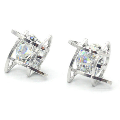 Gold-tone square stud earrings with clear zircon gemstones set in a hollow tic-tac-toe geometric frame. - Image 10