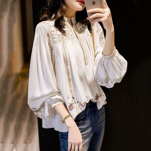 Blusa Estampada Mujer Estilo Bohemio Retro con Mangas Farol - Image 4