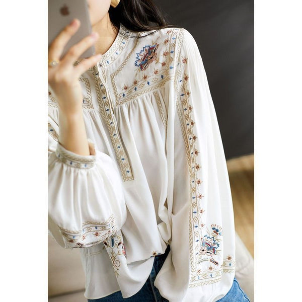 Blusa Estampada Mujer Estilo Bohemio Retro con Mangas Farol