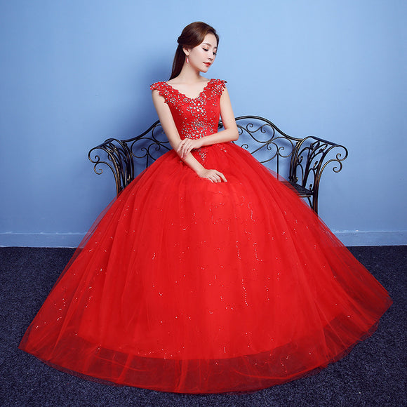 Vestido de Novia Rojo con Encaje de Diamantes y Doble Escote