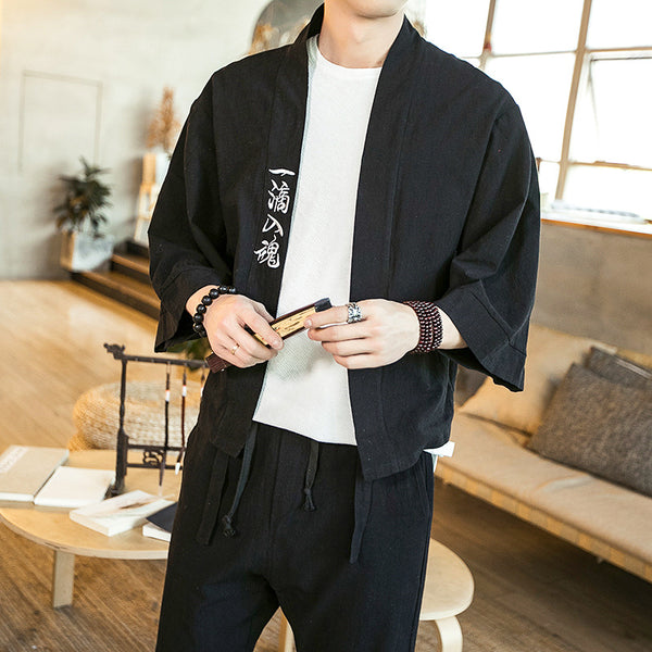 Camisa Jacket con Bordado de Caracteres Chinos - Manga Tres Cuartos para Hombre