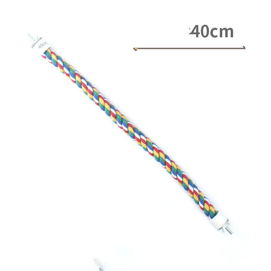 Colorful twisted rope bird perch, 40cm long, with red, blue, green, yellow, and white strands and metal screw attachments. - Image 2