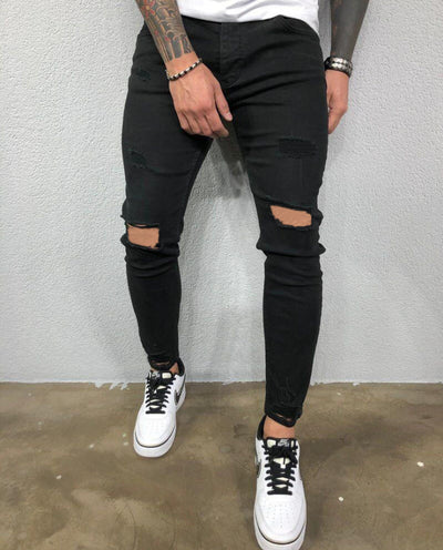 Pantalones Vaqueros Skinny Negros con Rotos en Rodillas - Denim Elástico Slim Fit Estilo Urbano - Image 9