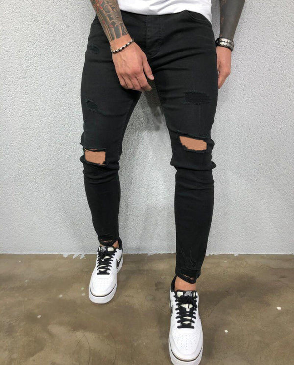 Pantalones Vaqueros Skinny Negros con Rotos en Rodillas - Denim Elástico Slim Fit Estilo Urbano