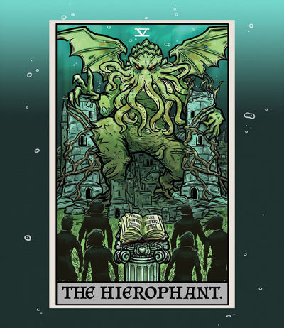 Cthulhu Hierophant tarot card tapestry featuring a green Cthulhu monster over a submerged city with cultists. - Image 4