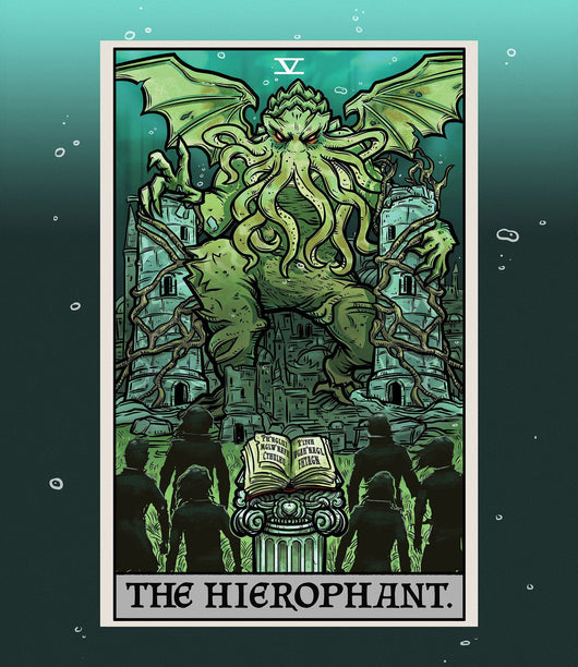 Cthulhu Hierophant tarot card tapestry featuring a green Cthulhu monster over a submerged city with cultists. - Image 4