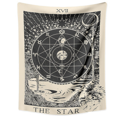 Retro yellow tapestry featuring a black and white illustration of 'The Sun' Tarot card with sunflowers and butterflies. - Image 11