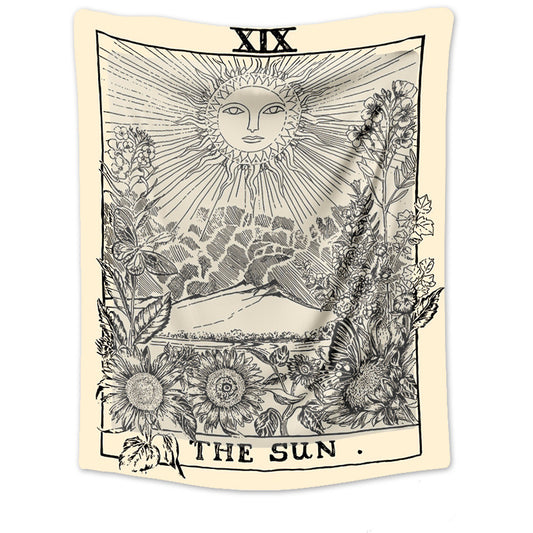 Retro yellow tapestry featuring a black and white illustration of 'The Sun' Tarot card with sunflowers and butterflies.