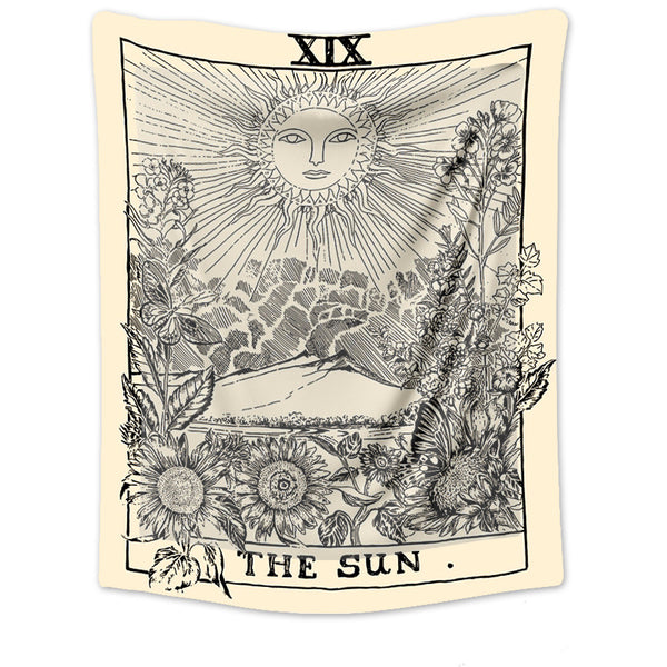 Retro yellow tapestry featuring a black and white illustration of 'The Sun' Tarot card with sunflowers and butterflies.