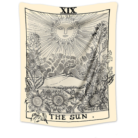 Retro yellow tapestry featuring a black and white illustration of 'The Sun' Tarot card with sunflowers and butterflies.