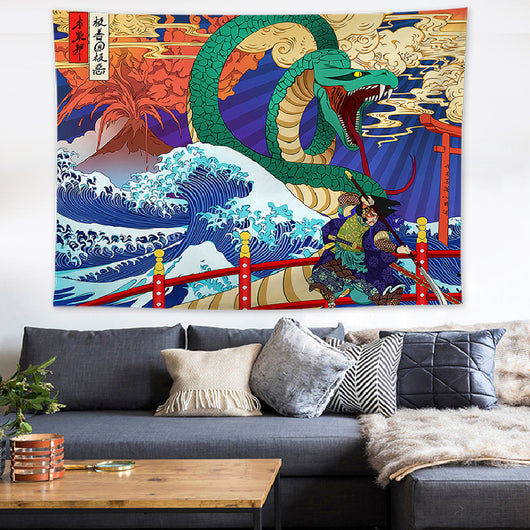 Vibrant Ukiyo-e style tapestry featuring a colorful deer with large antlers and a phoenix amidst floral patterns. - Image 6