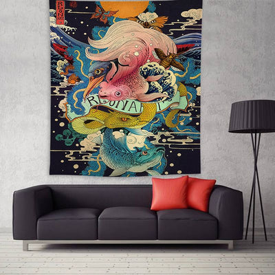 Vibrant Ukiyo-e style tapestry featuring a colorful deer with large antlers and a phoenix amidst floral patterns. - Image 8