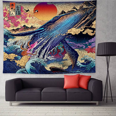 Vibrant Ukiyo-e style tapestry featuring a colorful deer with large antlers and a phoenix amidst floral patterns. - Image 7