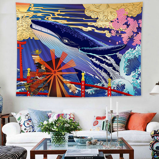 Vibrant Ukiyo-e style tapestry featuring a colorful deer with large antlers and a phoenix amidst floral patterns. - Image 10
