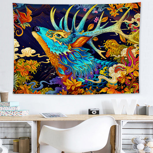 Vibrant Ukiyo-e style tapestry featuring a colorful deer with large antlers and a phoenix amidst floral patterns. - Image 9