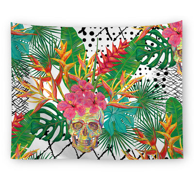 Black tapestry with a repeating pattern of stylized red and yellow skulls and white paint splatters. - Image 18