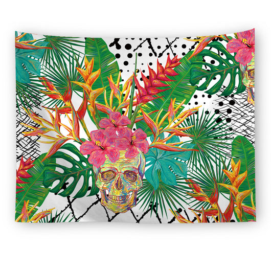 Black tapestry with a repeating pattern of stylized red and yellow skulls and white paint splatters. - Image 18