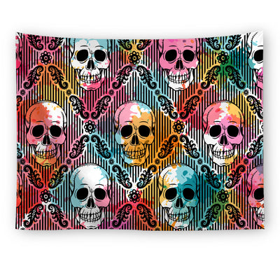 Black tapestry with a repeating pattern of stylized red and yellow skulls and white paint splatters. - Image 16