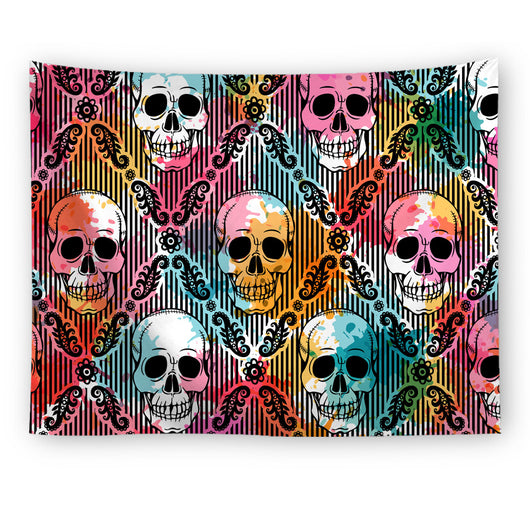 Black tapestry with a repeating pattern of stylized red and yellow skulls and white paint splatters. - Image 16